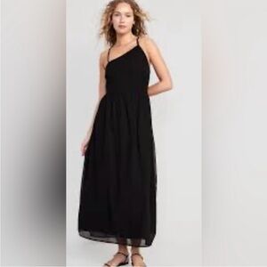 NWT Old Navy Fit And Flare Black Ribbed One Shoulder Maxi Dress Sz Small Petite